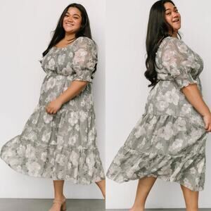 Baltic Born Sage Green & White Floral Fabian Jacquard Midi Dress Size 3XL